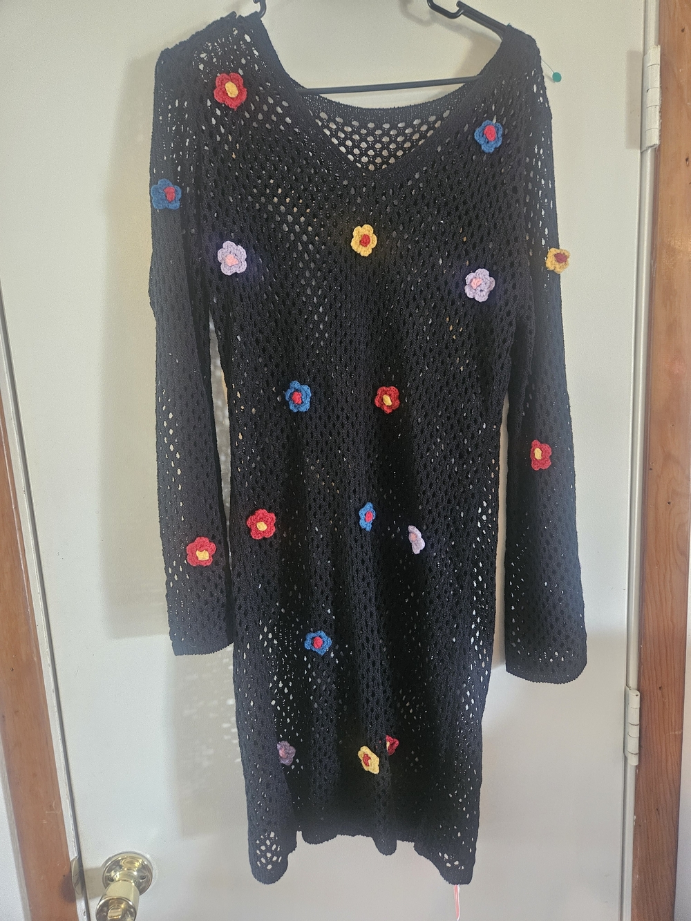 Cider Black Crochet Long Sleeve Dress with Multicolor Floral Accents 0xl